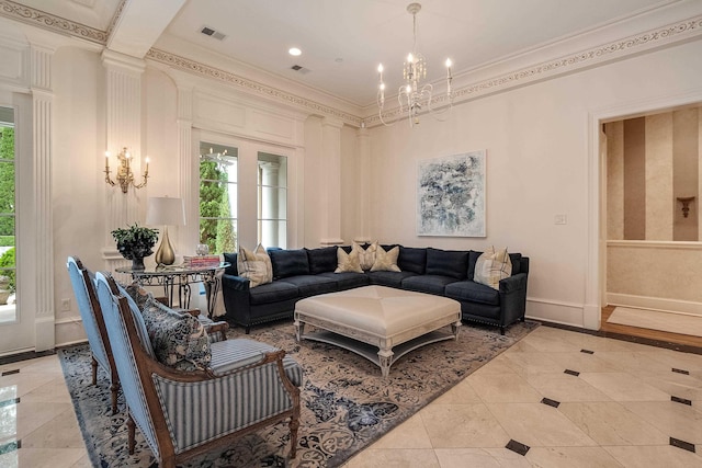 living room featuring crown molding, plenty of natural light, and an inviting chandelier