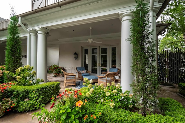 view of patio featuring an outdoor living space, french doors, and ceiling fan