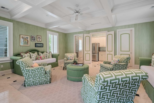 living room featuring coffered ceiling, ceiling fan, beamed ceiling, and light tile patterned flooring