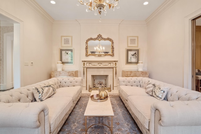 living room featuring ornamental molding and a notable chandelier