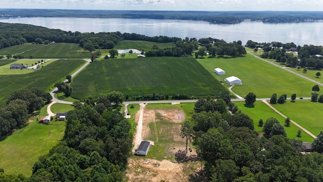 bird's eye view featuring a water view and a rural view