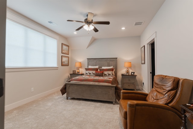 carpeted bedroom with ceiling fan