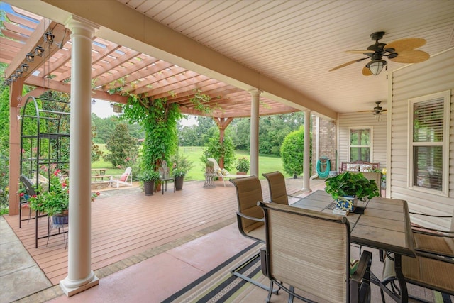 wooden deck with a pergola and ceiling fan