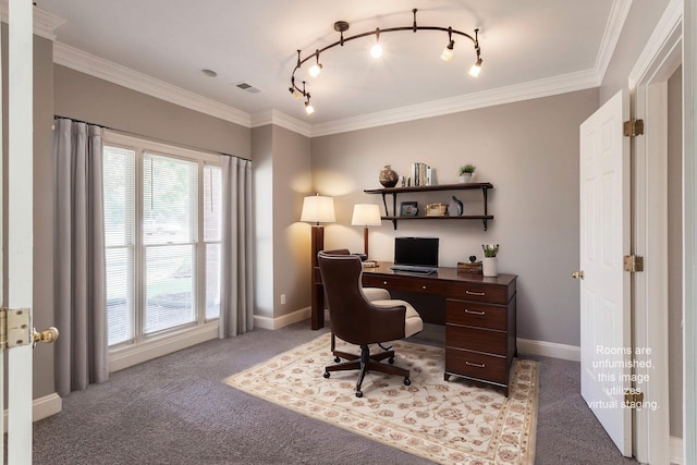 carpeted office featuring ornamental molding and rail lighting