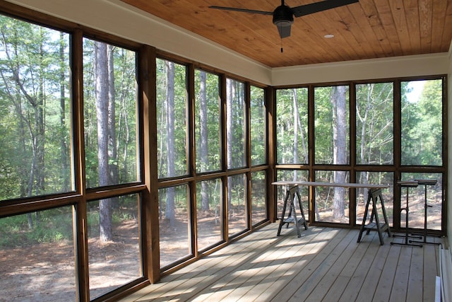 unfurnished sunroom with wood ceiling and ceiling fan