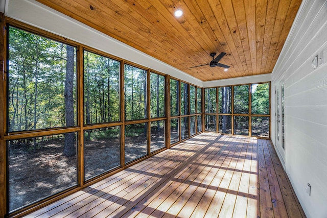 unfurnished sunroom featuring wooden ceiling and ceiling fan