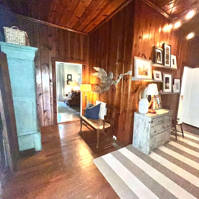 living area featuring wood walls