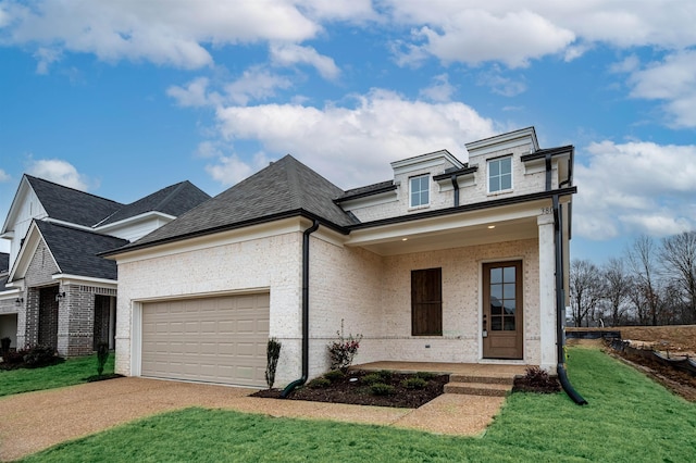 view of front facade featuring a garage, a front yard, and covered porch