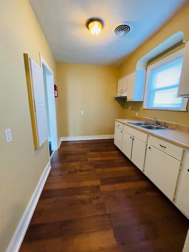 kitchen with white cabinetry, sink, and dark hardwood / wood-style floors