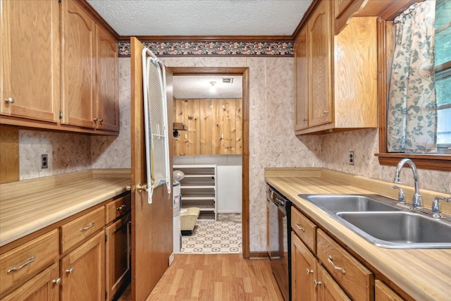 kitchen featuring dishwasher, sink, a textured ceiling, and light hardwood / wood-style floors