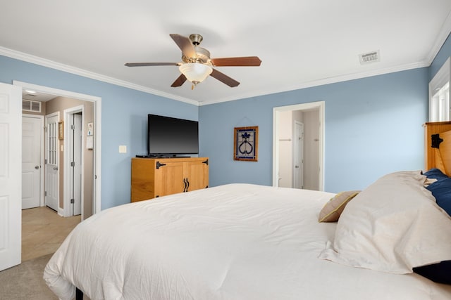 bedroom with crown molding, light tile patterned floors, and ceiling fan