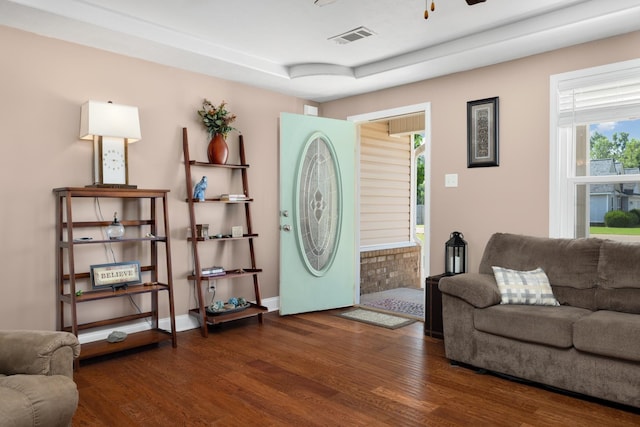 living room with a raised ceiling, a wealth of natural light, ceiling fan, and dark hardwood / wood-style floors