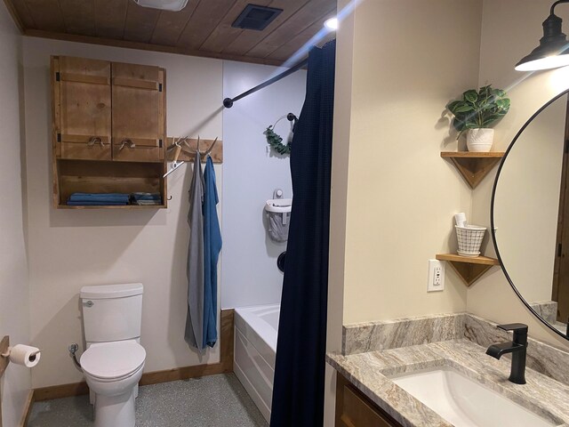 full bathroom featuring wood ceiling, shower / bath combination with curtain, toilet, and vanity