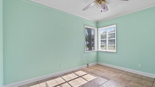 empty room with light tile patterned flooring, a textured ceiling, ornamental molding, and ceiling fan