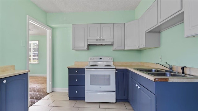 kitchen featuring white range with electric cooktop, light tile patterned floors, a textured ceiling, white cabinets, and sink