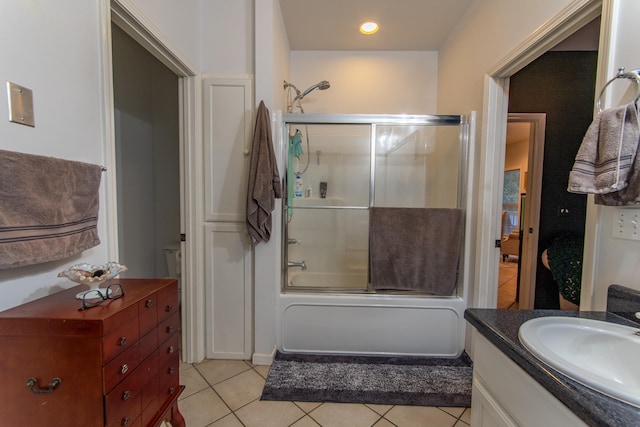 full bath featuring recessed lighting, vanity, enclosed tub / shower combo, and tile patterned floors