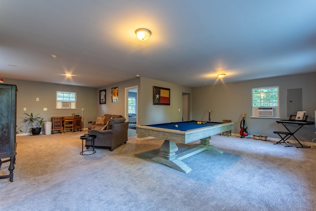 game room featuring baseboards, pool table, a wealth of natural light, and light colored carpet