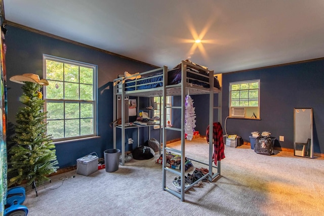 carpeted bedroom featuring ornamental molding