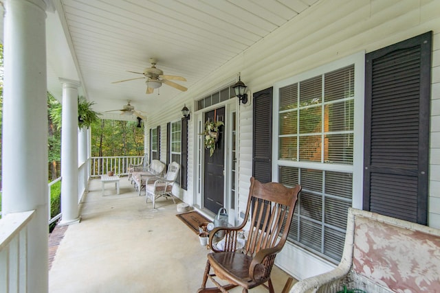 view of patio / terrace featuring ceiling fan and a porch