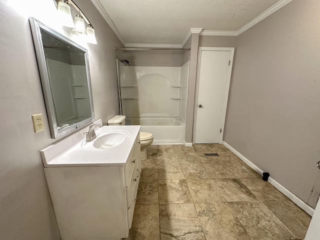 bathroom with vanity, a shower, ornamental molding, and toilet