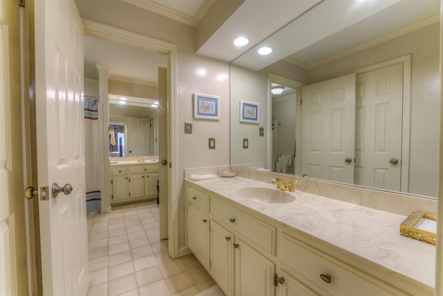 full bathroom with a shower with shower curtain, crown molding, tile patterned floors, recessed lighting, and vanity