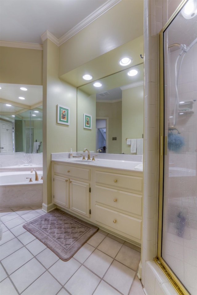 bathroom featuring a shower stall, tile patterned floors, and crown molding