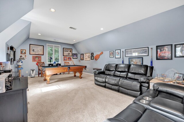 rec room featuring carpet, vaulted ceiling, and billiards