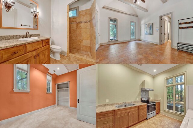 interior space with electric range, light tile patterned floors, sink, and wall chimney range hood