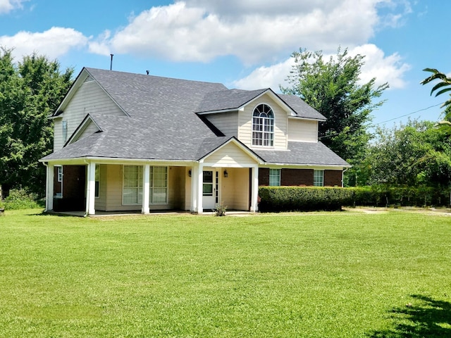 view of front of home with a porch and a front yard