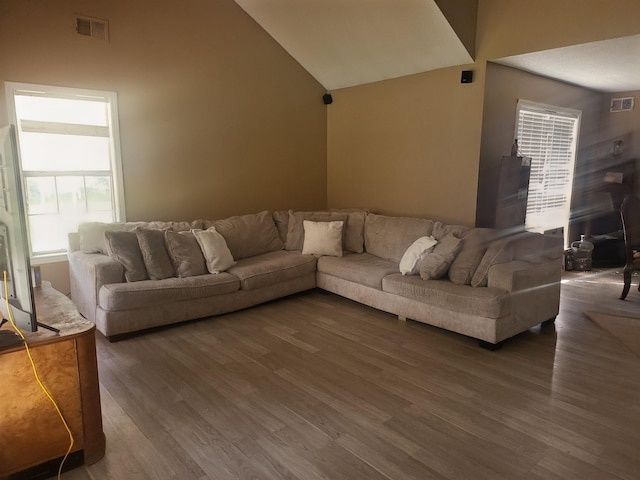 living room with dark hardwood / wood-style flooring and high vaulted ceiling