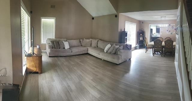 living room featuring lofted ceiling and hardwood / wood-style floors