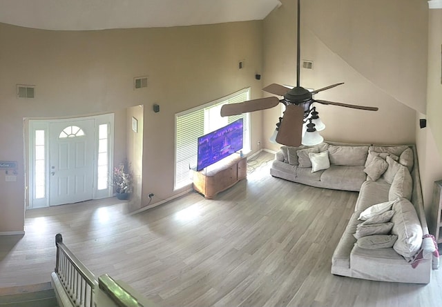 living room with high vaulted ceiling, light hardwood / wood-style floors, and ceiling fan