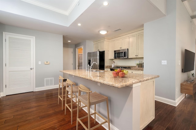 kitchen with light stone counters, sink, a center island with sink, and appliances with stainless steel finishes