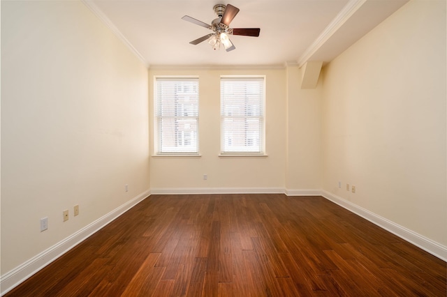 unfurnished room featuring dark wood-type flooring, ceiling fan, and ornamental molding