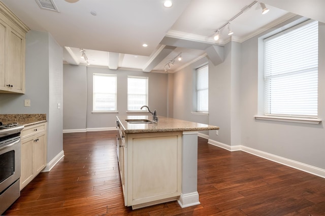 kitchen with cream cabinets, sink, electric range, a wealth of natural light, and a kitchen island with sink