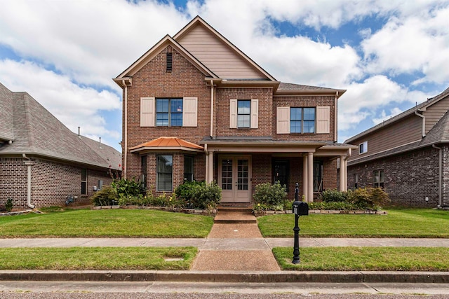 view of front of property with a front yard and a porch