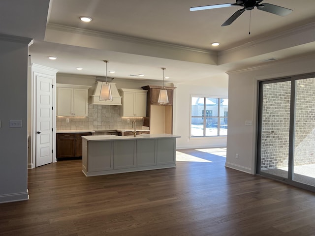 kitchen with a tray ceiling, dark wood-style flooring, decorative backsplash, an island with sink, and premium range hood