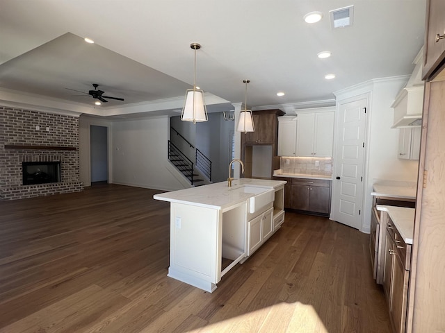 kitchen featuring dark wood finished floors, a fireplace, visible vents, decorative backsplash, and a sink