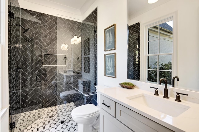 bathroom with walk in shower, vanity, and toilet