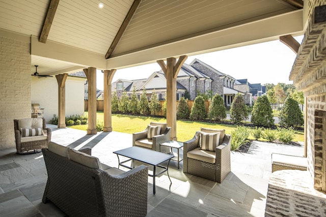 view of patio with a gazebo, outdoor lounge area, and ceiling fan