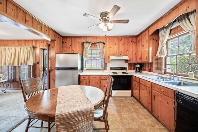 kitchen with electric stove, black dishwasher, stainless steel refrigerator, a wealth of natural light, and light colored carpet