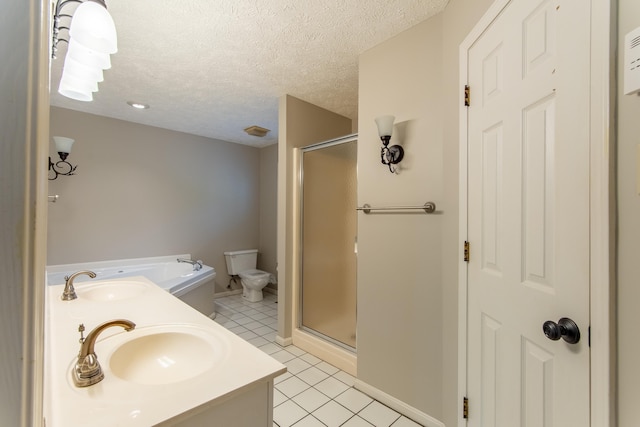 bathroom with tile patterned floors, toilet, an enclosed shower, and a textured ceiling