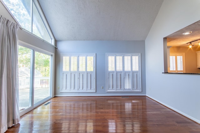 interior space featuring lofted ceiling, hardwood / wood-style floors, and a textured ceiling