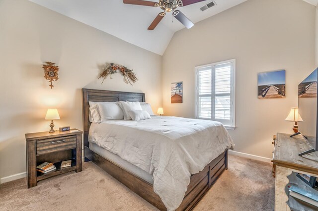 bedroom with carpet, vaulted ceiling, and ceiling fan