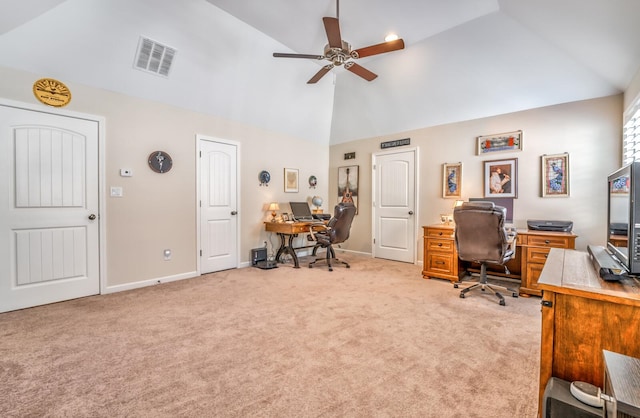 office area with ceiling fan, high vaulted ceiling, and light colored carpet