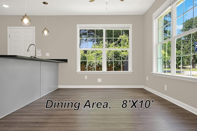 unfurnished dining area featuring ceiling fan, dark wood-type flooring, and sink