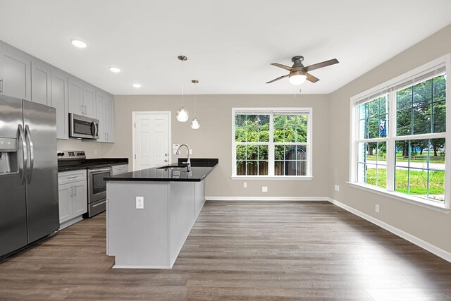 kitchen with appliances with stainless steel finishes, hanging light fixtures, sink, ceiling fan, and dark hardwood / wood-style floors