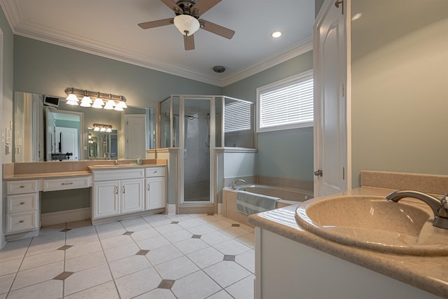 bathroom with ceiling fan, shower with separate bathtub, vanity, and tile patterned floors