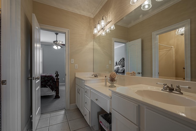 bathroom featuring ceiling fan, tile patterned floors, and dual vanity