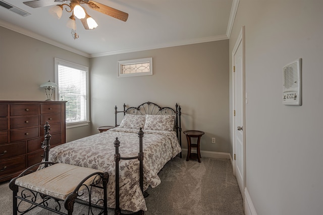 bedroom with carpet, ornamental molding, and ceiling fan